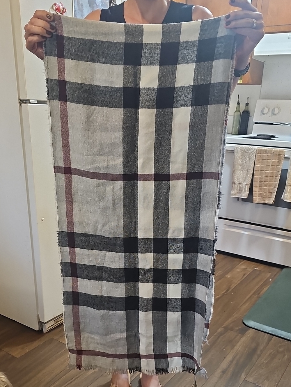 Burberry Black, Grey And White Check Pattern Wool Scarf